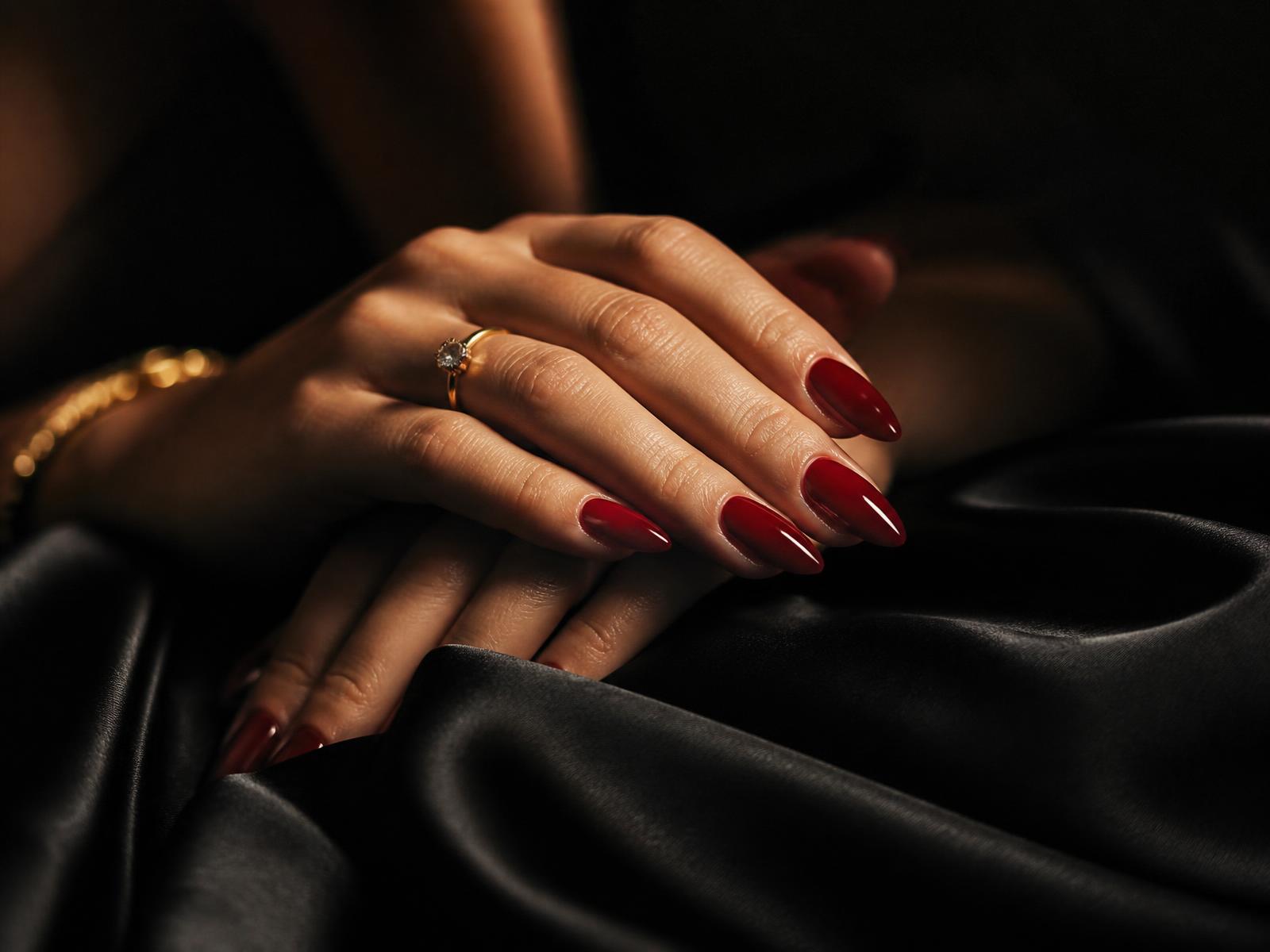 Close up of glossy deep red almond nails on dark silk